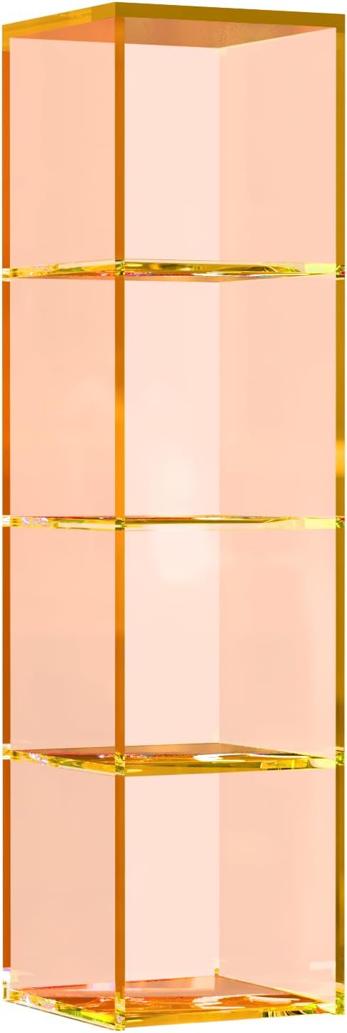 42.5" Acrylic Bookcase, 4-Tier Floor Standing Clear Acrylic Bookshelf, Sturdy Open Display Storage, Clear Bookshelf, Modern High Transparency Organizer for Bedroom, Bathroom, Home Office, Orange