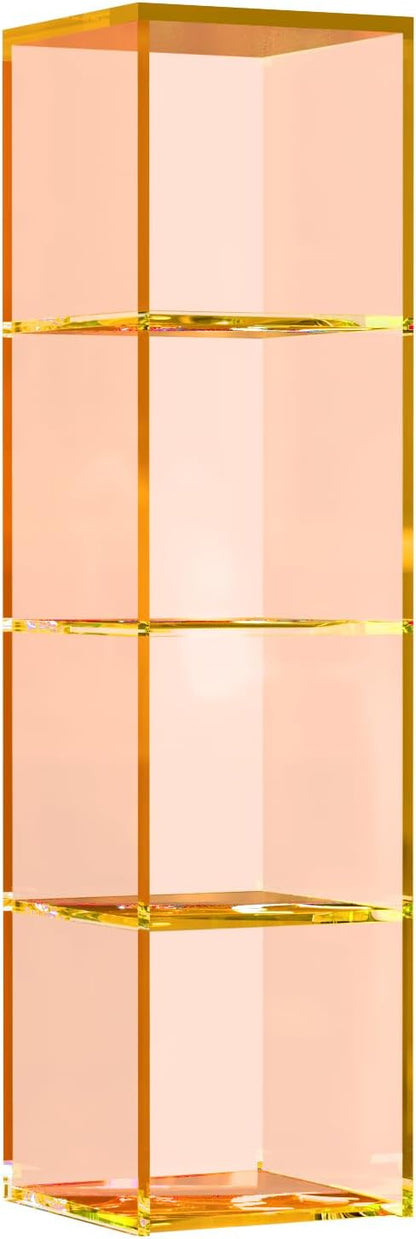 42.5" Acrylic Bookcase, 4-Tier Floor Standing Clear Acrylic Bookshelf, Sturdy Open Display Storage, Clear Bookshelf, Modern High Transparency Organizer for Bedroom, Bathroom, Home Office, Orange