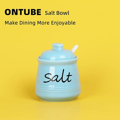 ONTUBE Ceramic Salt Bowl with Lid and Spoon 12oz (Turquoise)