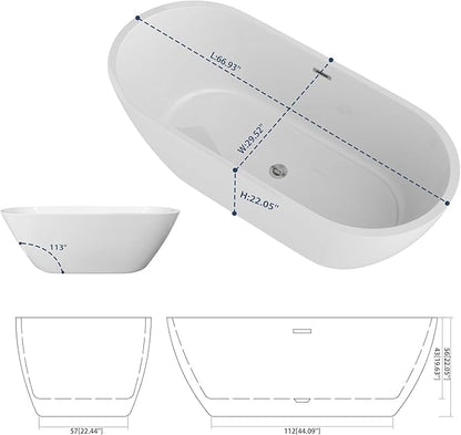 Sarlai 67 Inch Acrylic Freestanding Soaking Bathtub Contemporary Soaking White Tub Stand Alone Ergonomic Bathtub with Chrome Drain and Overflow