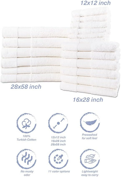 Hencely 18-Piece Bath Towel Set - High Absorbency, Quick Drying - 100% Soft Turkish Cotton - 6 Bath Towels, 6 Hand Towels, 6 Washcloths - for Bathroom, Home, Hotel, Spa, and Gym - 18-Pack White