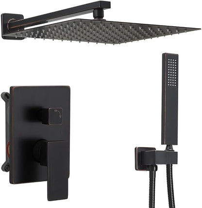 Oil Rubbed Bronze rain Shower Faucet Set Shower System 12 Inches Square Shower Head with Handheld, Waterfall Showerhead, All Metal Shower Faucet Trim Repair Kits (Contain Shower Valve)