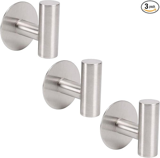 TocTen Bath Towel Hook, Strong Self Adhesive Robe Hook, SUS 304 Stainless Steel Stick on Wall Coat/Clothes Hook No Drilling, Shower Wall Hook for Bathroom Kitchen Office Closet(Brushed Nickel, 3 Pack)