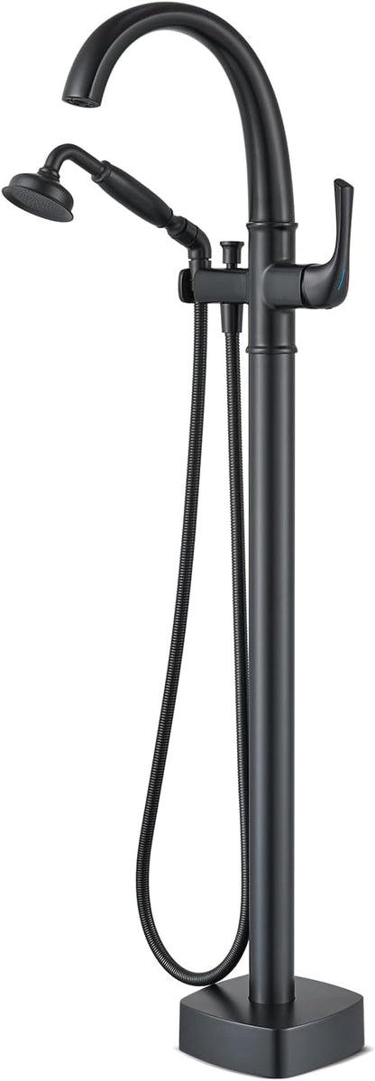 Free Standing Tub Faucet, Hanallx Luxury Matte Black Freestanding Bathtub Faucet with Sprayer, Premium Brass High Flow Rate Floor Mount Tub Filler Swivel Spout, Roman Tub Faucet Set（HM88011-BK）