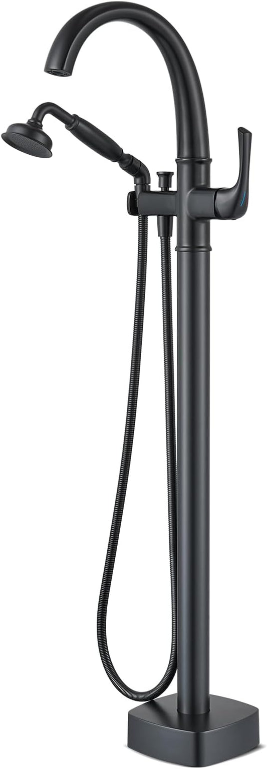Free Standing Tub Faucet, Hanallx Luxury Matte Black Freestanding Bathtub Faucet with Sprayer, Premium Brass High Flow Rate Floor Mount Tub Filler Swivel Spout, Roman Tub Faucet Set（HM88011-BK）