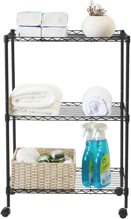 3 Tier Storage Racks Shelving, Heavy Steel Pantry Shelves, Adjustable Wire Shelving Rack with Wheels, Suitable for Garage, Kitchens, Offices, 19.7" W x 9.8" D x 28" H, Black