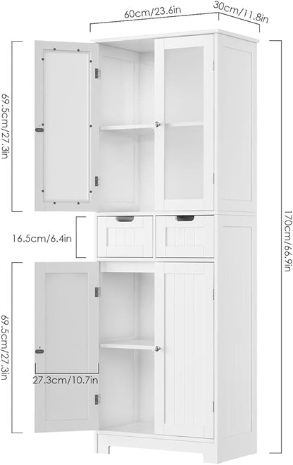 HORSTORS 67" Tall Bathroom Storage Cabinet, Freestanding Linen Cabinet with Glass Door and Shelves, Kitchen Pantry with 2 Drawers for Bathroom, Living Room, Dining Room, Office, White