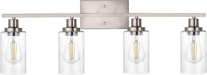 4-Lights Modern Vanity Light Fixtures for Bathroom Over Mirror, Farmhouse 31-Inches Length Seeded Glass Bath Wall Sconce Lighting in Brushed Nickel