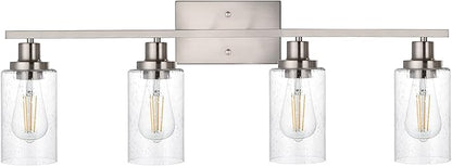 4-Lights Modern Vanity Light Fixtures for Bathroom Over Mirror, Farmhouse 31-Inches Length Seeded Glass Bath Wall Sconce Lighting in Brushed Nickel