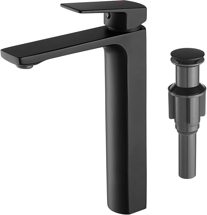 VOTON Vessel Sink Faucet Matte Black Tall Bathroom Faucet Single Handle Vanity Bathroom Sink Faucet 1 Hole Basin Mixer Tap with Water Supply Hose and Pop Up Sink Drain