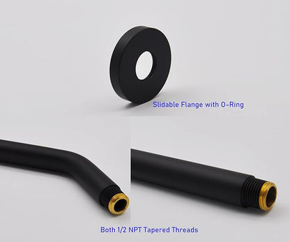 Aquaiaw Shower Arm and O-Ring Flange, 8 inch, Solid Brass, Round, Both 1/2 NPT Tapered Threads, Matte Black Wall Mount Shower Arm Extension with Escutcheon, for Rain Shower Head Max. 12 inch