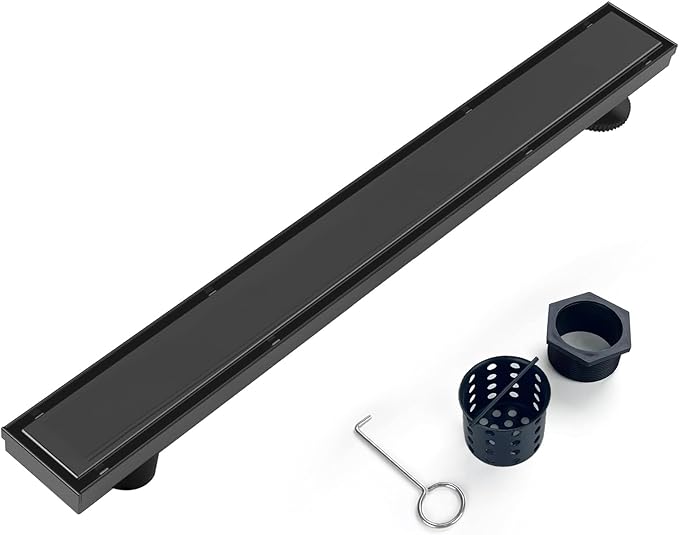 Offset Linear Shower Drain, Black Shower Drain 36 inch with 2-in-1 Tile Insert Cover, Brushed 304 Stainless Steel Side Outlet Black Shower Floor Drain with Hair Catcher and Adjustable Feet