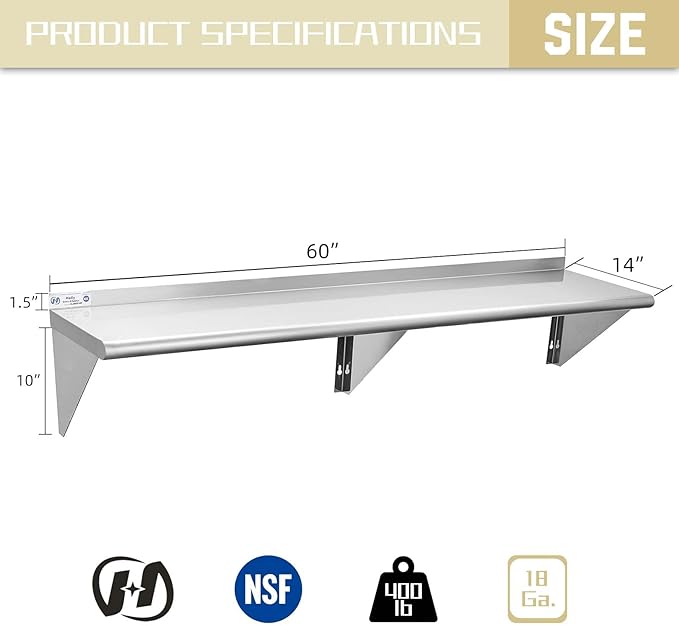Hally Stainless Steel Shelf 14 x 60 Inches, 400 lb, Commercial Wall Mount Floating Shelving for Restaurant, Kitchen, Home and Hotel