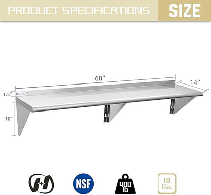 Hally Stainless Steel Shelf 14 x 60 Inches, 400 lb, Commercial Wall Mount Floating Shelving for Restaurant, Kitchen, Home and Hotel