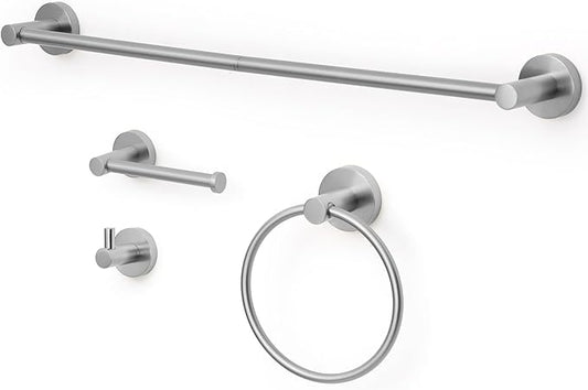 Brushed Nickel Bathroom Hardware Set 4 Piece Towel bar Set,Towel Rack for Bathroom Wall Mounted Adjustable Expandable 24 inch Towel Holder Robe Hook Towel Ring Toilet Paper Holder