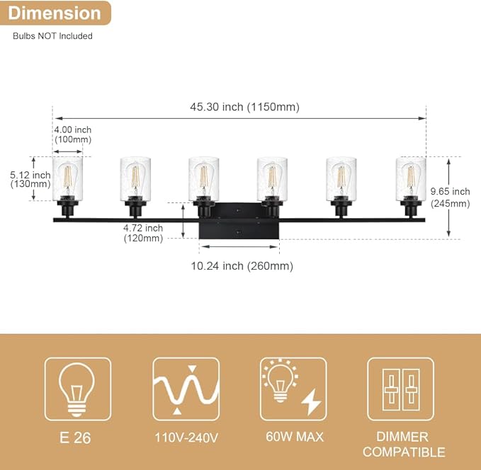 6-Light Seeded Glass Vanity Light Fixtures in Matte Black Finish, 45.3 Inches Length Modern Bathroom Wall Lighting Over Mirror Wall Mount Lights