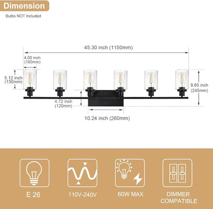 6-Light Seeded Glass Vanity Light Fixtures in Matte Black Finish, 45.3 Inches Length Modern Bathroom Wall Lighting Over Mirror Wall Mount Lights