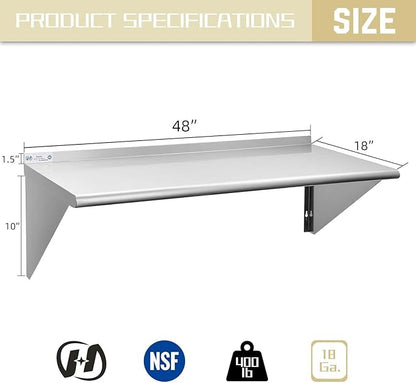 HALLY SINKS & TABLES H Stainless Steel Shelf 18 x 48 Inches, 400 lb, Commercial Wall Mount Floating Shelving for Restaurant, Kitchen, Home and Hotel