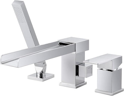 Waterfall Roman Tub Filler Faucet, Deck Mount Bathtub Filler with 360°Swivel Spout, 3 Holes Bathroom Tub Faucet with Sprayer, Chrome