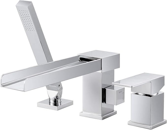 Waterfall Roman Tub Filler Faucet, Deck Mount Bathtub Filler with 360°Swivel Spout, 3 Holes Bathroom Tub Faucet with Sprayer, Chrome
