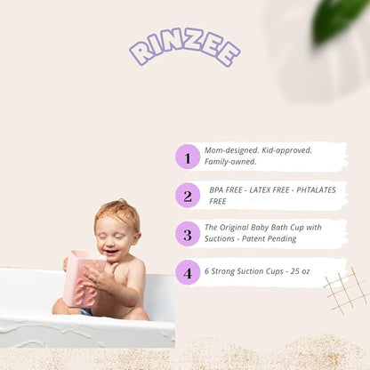 Rinzee® Baby Bath Cup with Suctions - BPA Free, 100% Food Grade Silicone Rinse Cup, Clutter-Free Tub Area, Kids Learning Tool, Sticks to Tiles, Drains Water Upside Down- Patent Pending