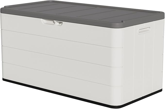 TARKARI Premium Pro Edition 100 Gallon Lockable Resin Deck Box, Waterproof & UV-Resistant Outdoor Storage Box for Outdoor Cushion Storage, Garden Tools & Pool Accessories Storage, White