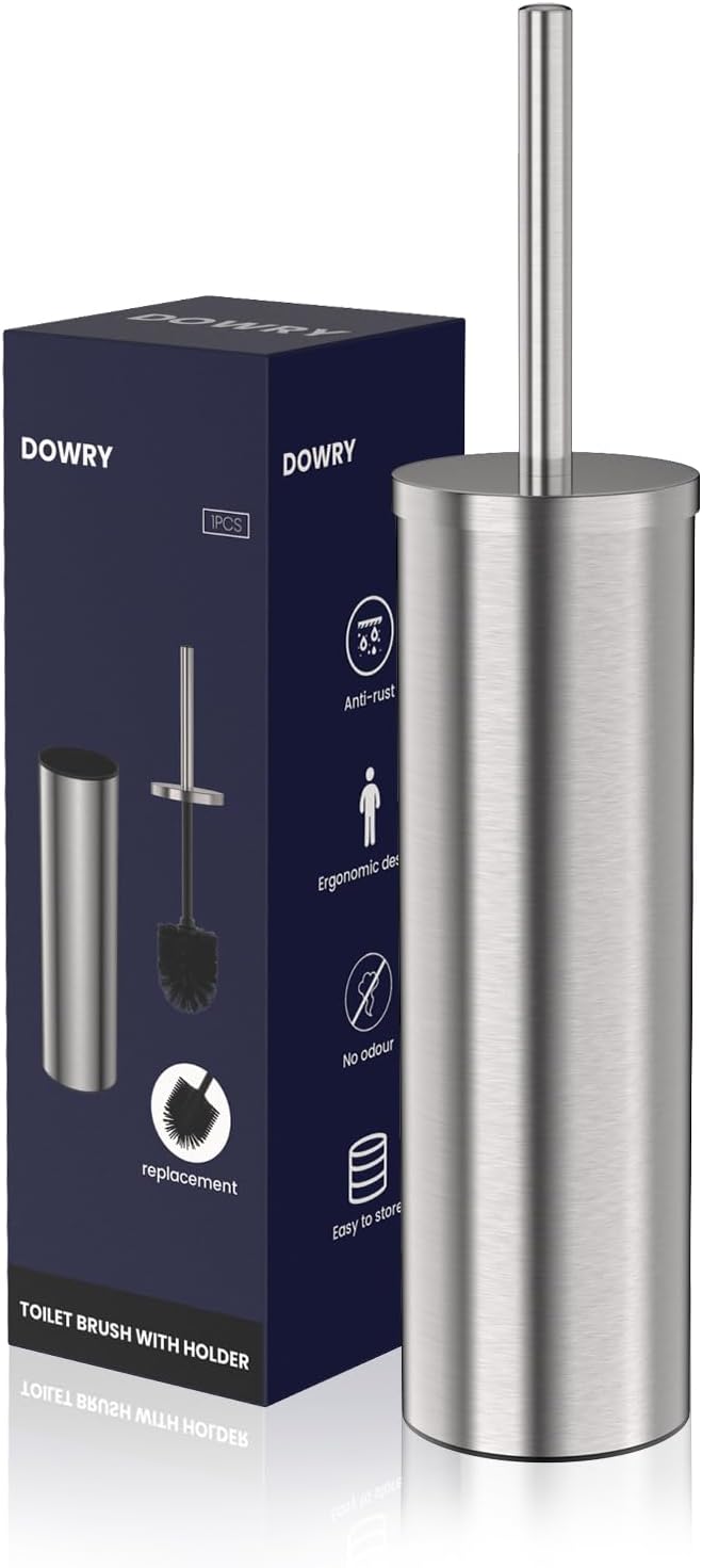 DOWRY Stainless Steel Freestanding Toilet Bowl Brush and Holder with Long Handle for Bathroom Storage Organization,Sturdy Deep Cleaning Toilet Bowl Cleaner,Nickel Round