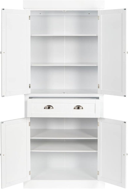 VINGLI 71-Inch White Storage Cabinets with Drawers, Freestanding Pantry Cabinets with Doors and Shelves Adjustable, Wood Farmhouse Kitchen Pantry Cupboard