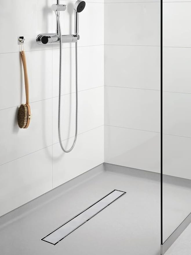 Linear Shower Drain, 28 inch Drain with Tile Insert 2-in-1 Panel, Brushed 304 Stainless Steel Shower Floor Drain, Linear Drain with Hair Strainer and Adjustable Feet