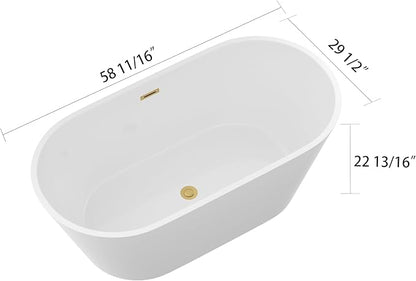 Logmey 59 In White Acrylic Freestanding Bathtub Oval Shape Soaking Tub with Gold Drain & Overflow Assembly for Classic and Modern Bathrooms