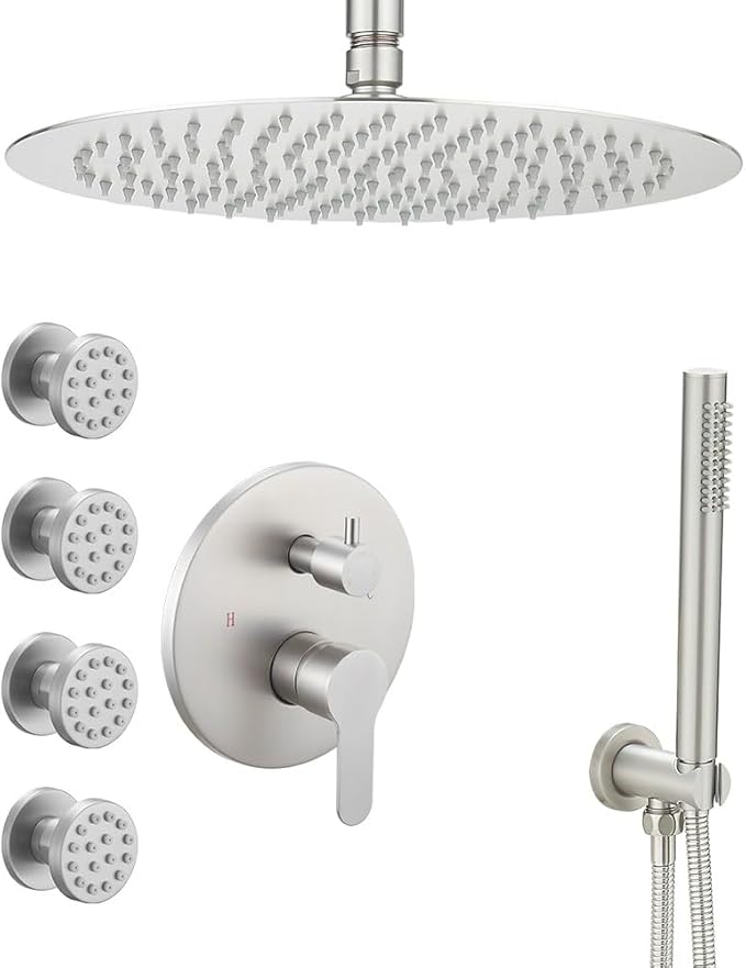Brushed Nickel Round Shower Faucet Set with Body Jets 10 Inch Shower Head Handheld Shower Combo Set High Pressure Ceiling Mount with Rough-in Valve