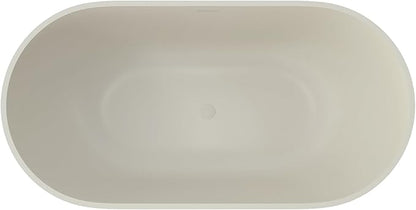 Premium 59" Warm Grey Solid Surface Free Standing Bathtub, Upgraded Oval Resin Stone Tub with Overflow and Pop-up Drain