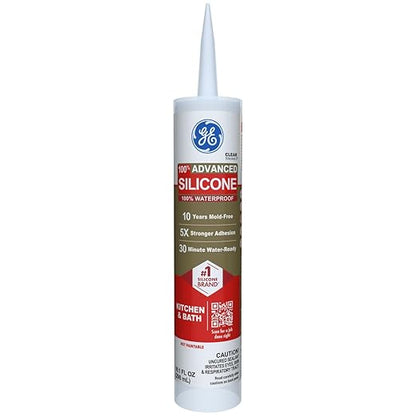 GE Advanced Silicone Caulk for Kitchen & Bathroom, Clear, 10 fl oz Cartridge, 1 Pack - 100% Waterproof Silicone Sealant, 5X Stronger Adhesion, Shrink & Crack Proof