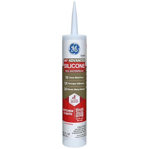 GE Advanced Silicone Caulk for Kitchen & Bathroom, Clear, 10 fl oz Cartridge, 1 Pack - 100% Waterproof Silicone Sealant, 5X Stronger Adhesion, Shrink & Crack Proof