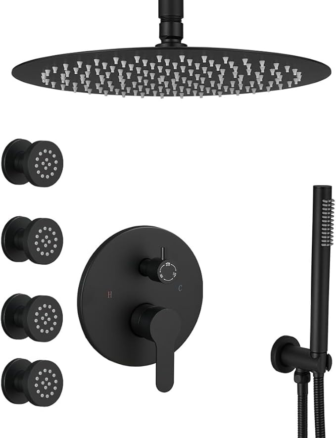 Matte Black Round Shower Faucet Set with Body Jets 10 Inch Shower Head Handheld Shower Combo Set High Pressure Ceiling Mount with Rough-in Valve