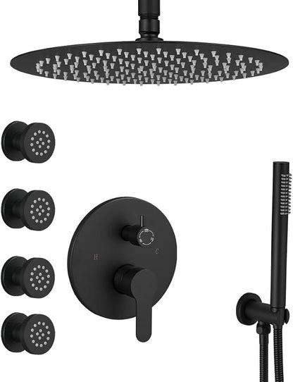 Matte Black Round Shower Faucet Set with Body Jets 10 Inch Shower Head Handheld Shower Combo Set High Pressure Ceiling Mount with Rough-in Valve