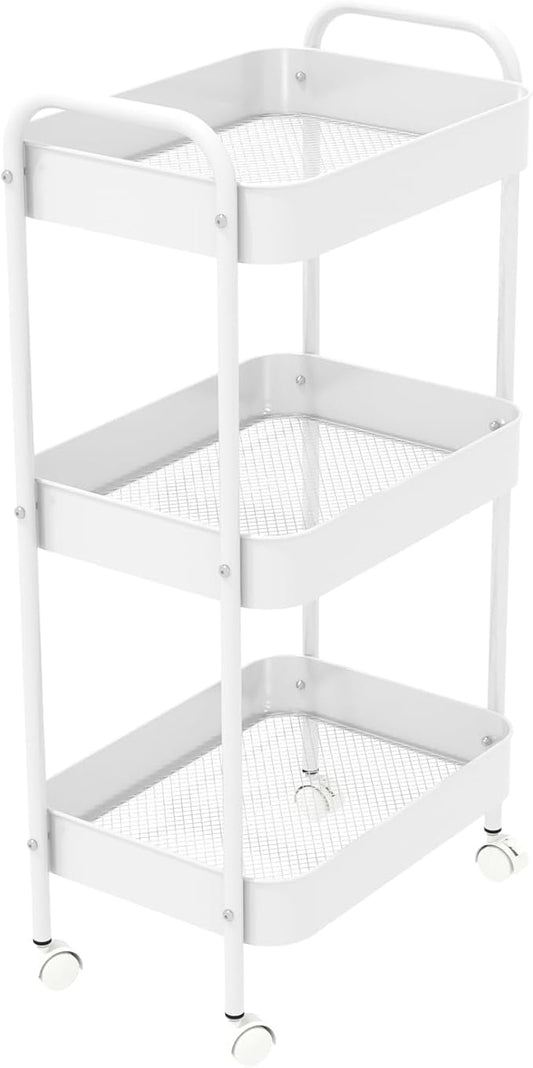 3-Tier Metal Utility Rolling Cart, Multi-Functional Storage Trolley for Office, Living Room, Kitchen, Movable Storage Organizer with Wheels, White