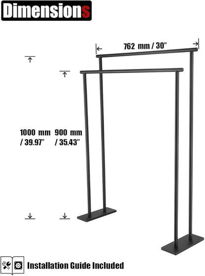 JQK Bath Towel Bar Free Standing Black, 30 Inch Stand Double Towel Rack Holder Shelf for Bathroom Floor, Matte Black, BTH120L30-PB