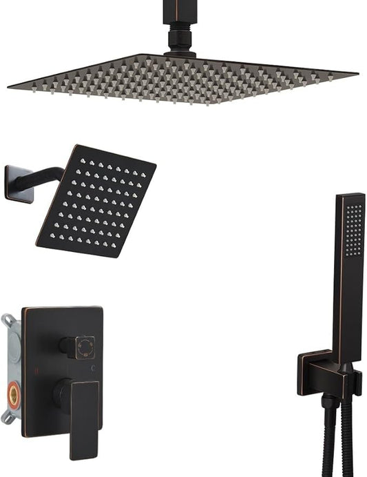 Shower Faucet Set Oil Rubbed Bronze Shower System, Knob Switch Diverter Shower Faucet with High Pressure Handheld Spray, Ceiling Mount 10 Inch Shower Head with 6 Inch Wall Mount Shower Head