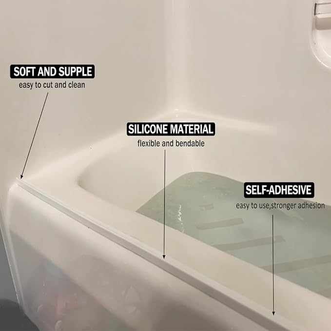 Shower Threshold Water Dam,Self Adhesive Silicone Waterproof Barrier Bathroom and Kitchen Shower Water Stopper Guard for Dry And Wet Separation Caulk Seal Strip Edge Trim(98Inch, White)