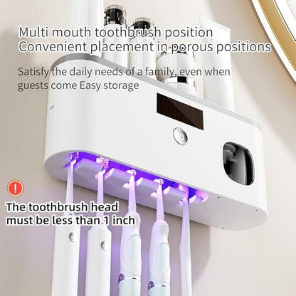 Toothbrush Holders for Bathrooms, Toothbrush Holder Wall Mounted with Toothpaste Dispenser Bathroom Solar Charging and No Drilling Required Tooth Brush Holder with 5 Brush Slots（Black）