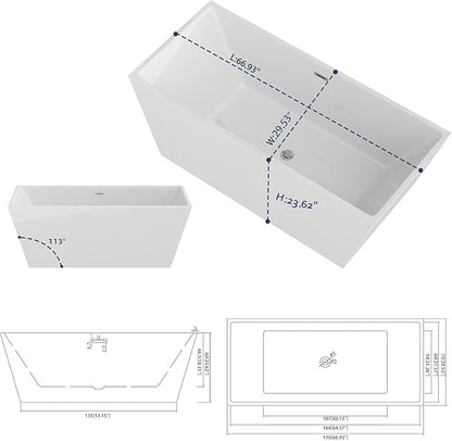 Sarlai 67 Inch Acrylic Freestanding Soaking Bathtub Contemporary Soaking White Tub Stand Alone Ergonomic Bathtub with Chrome Overflow and Drain