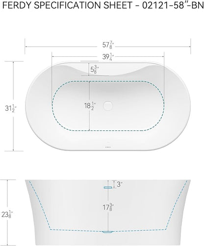 FerdY Santorini 58" Acrylic Freestanding Tub, Gracefully Shaped Contemporary Soaking Tub, Glossy White, cUPC Certified, White Toe-tap Drain and