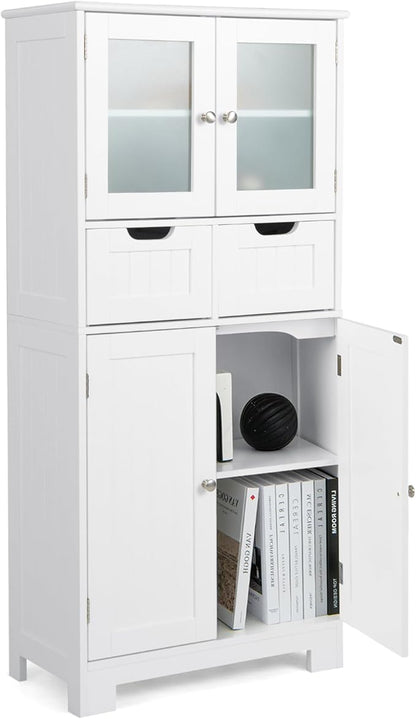 COSTWAY Tall Bathroom Storage Cabinet, Freestanding Storage Organizer with Glass Doors, 2 Drawers & 2 Adjustable Shelves, Wooden Linen Floor Cabinet for Bathroom, Living Room, Kitchen (White)