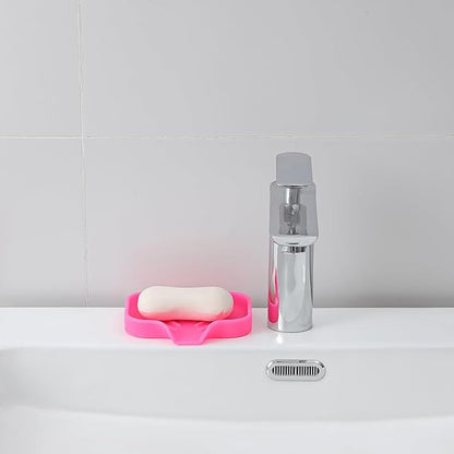 Silicone Bathroom Soap Dishes with Drain Spout-Bathroom and Kitchen Sink Organizer,Sponge Holder,Dish Soap Tray,Perfect for Dispenser,Scrubber,Bottle,Cup on Sink or Counter-Rose 4.9"×3.2"
