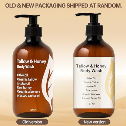 Tallow & Honey Body Wash,Tallow Body Wash with Grass-Fed Tallow,Aloe Vera,Organic Olive Oil,Organic Jojoba Oil and Honey,Natural Moisturizing Formula,Soothes Dry,Gentle Cleansing for Men & Women,10 Oz