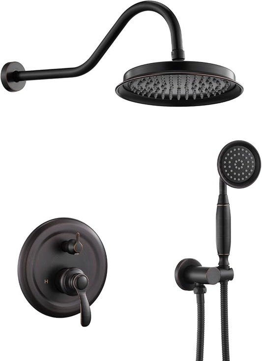 Antique Shower Head Faucet Set,Oil Rubbed Bronze Vintage Wall Mount Shower Faucets Combo With Handheld Spray,Bathroom Rainfall Shower System Trim Kit With Brass Pressure Balance Valve & 9''Shower Head
