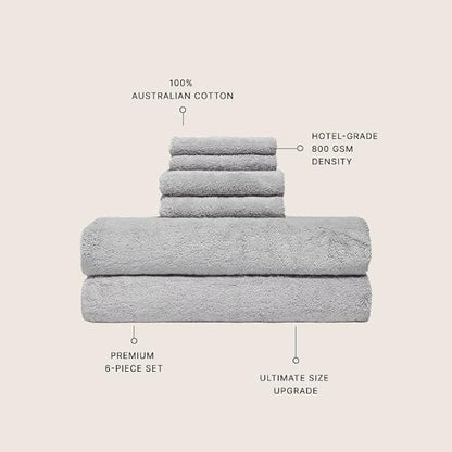 Italic Ultraplush Luxe 6 Piece Towel Set – 2 Bath Sheets, 2 Hand Towels, 2 Washcloths – 800GSM Soft, Highly Absorbent & Quick Drying, Resort Grade 100% Australian Cotton Towels (Light Gray)