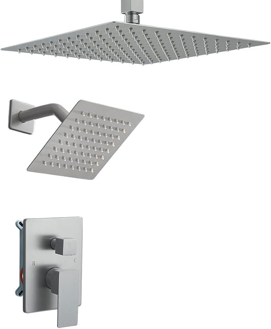 Shower Faucet Set Brushed Nickel Shower System, Ceiling Mount 10 Inch Shower Head with 6 Inch Wall Mount Shower Head, Knob Switch Diverter Shower Faucet, Rough-in Valve Body and Trim Included