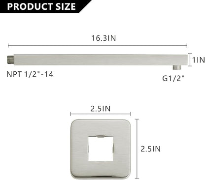 Voolan 16" Square Shower Arm with Flange and Teflon Tape, Extension Shower Head Arm for Bathroom Fixed Shower Head, Solid Stainless Steel, Wall Mounted (Brushed Nickel)